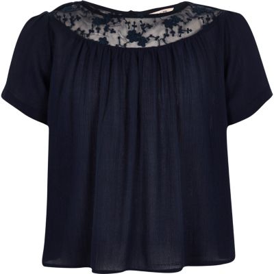 Girls navy embroidered smock top